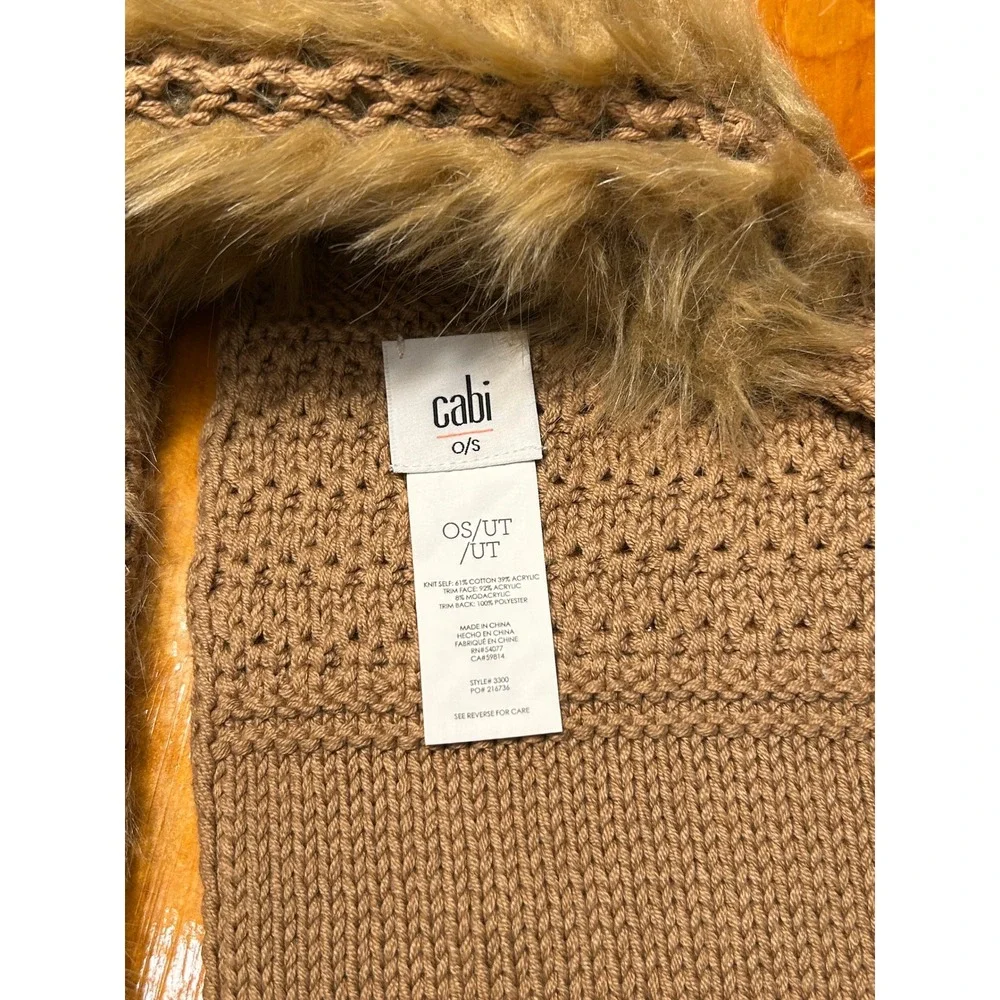 Cabi Boho Chic Cozy Faux Fur Trim Infinity Scarf Tan Knit Pointelle Mixed Media